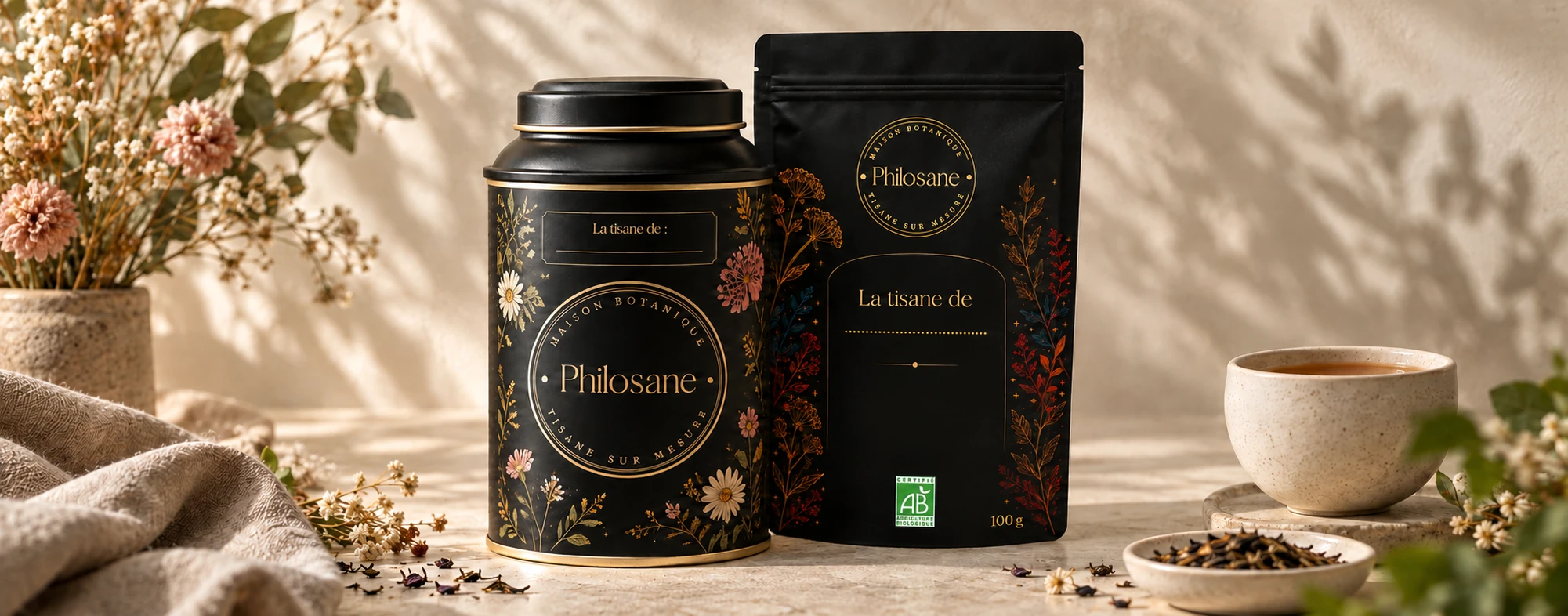 Boîte métal et recharge Philosane, tisane bio sur mesure